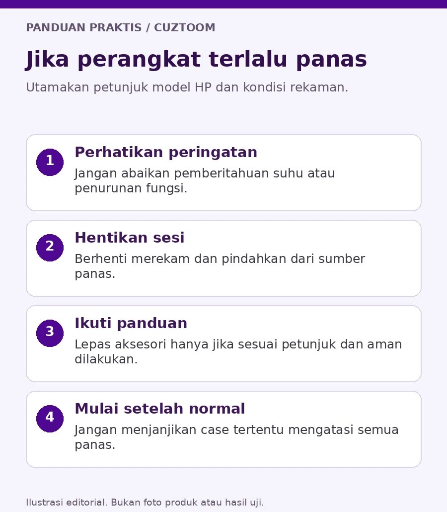 Ilustrasi alur menghentikan rekaman saat peringatan suhu muncul, mematikan perangkat, dan memberi jeda di tempat lebih sejuk