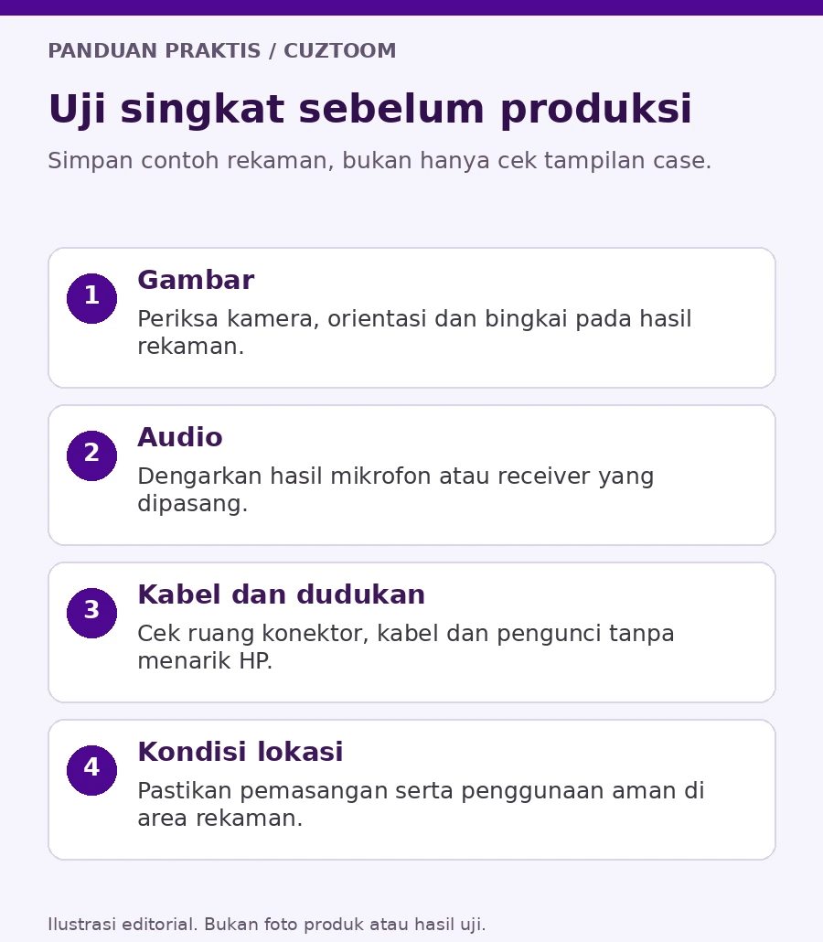 Ilustrasi pemeriksaan gambar kamera, suara mikrofon, jalur kabel, dan keamanan lokasi sebelum produksi video