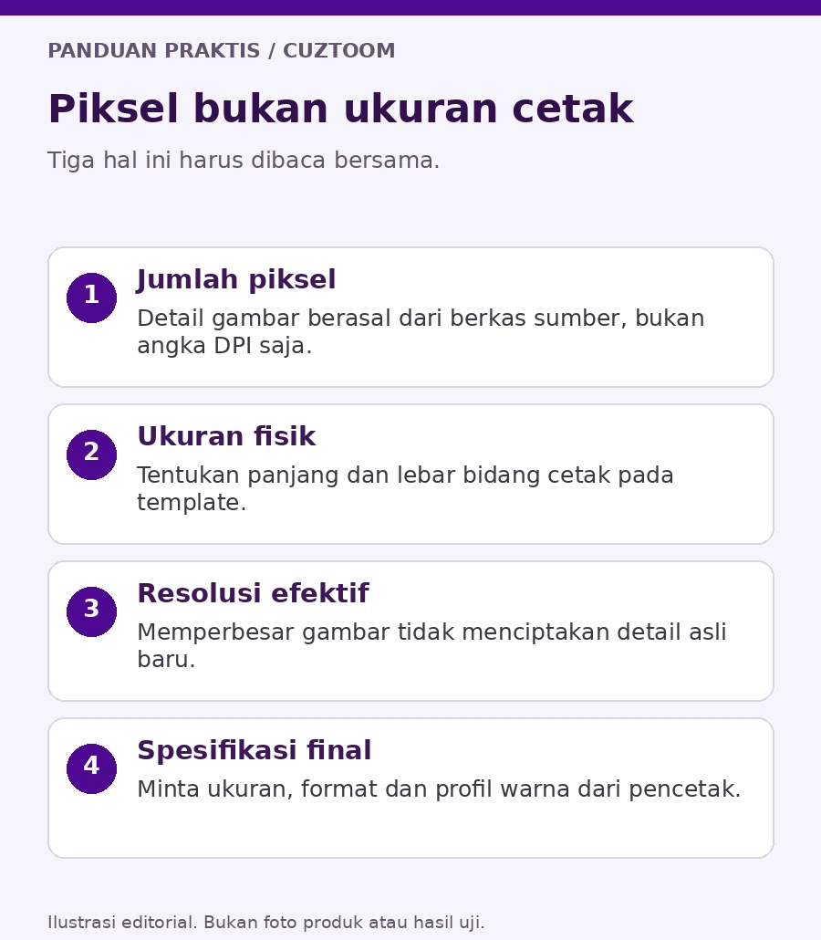 Diagram piksel, ukuran fisik, resolusi efektif, dan kebutuhan printer