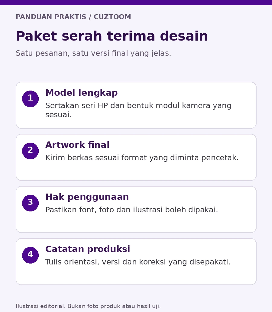 Diagram paket serah terima berisi model HP, artwork, hak penggunaan, dan catatan produksi