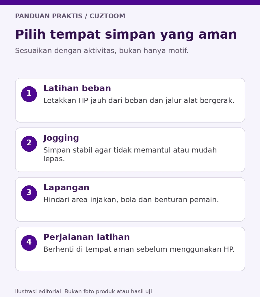Diagram pilih tempat simpan yang aman untuk gym, jogging, lapangan, dan perjalanan
