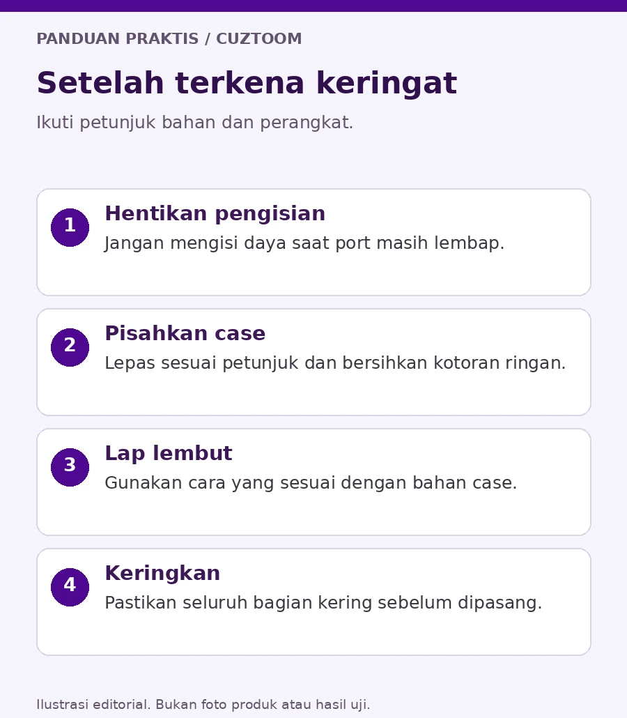 Diagram setelah terkena keringat: hentikan pengisian, lepas case, gunakan kain lembut, dan keringkan