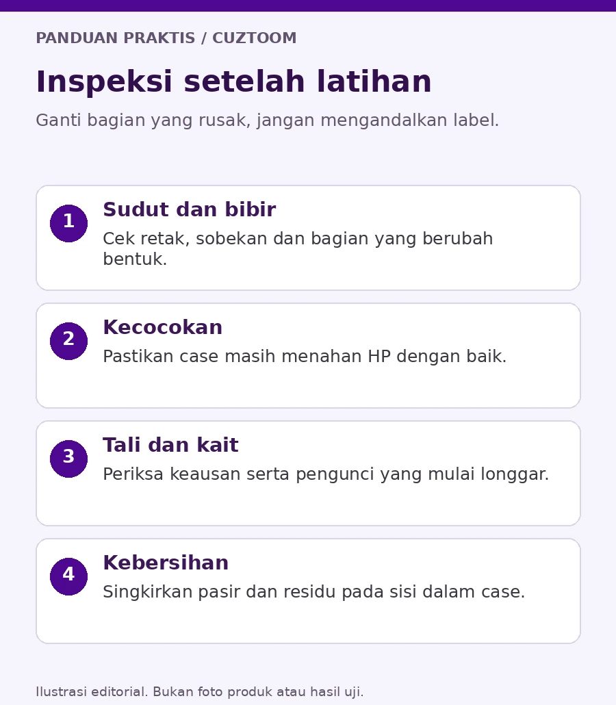 Diagram inspeksi setelah latihan: sudut, kecocokan case, tali aksesori, dan kebersihan