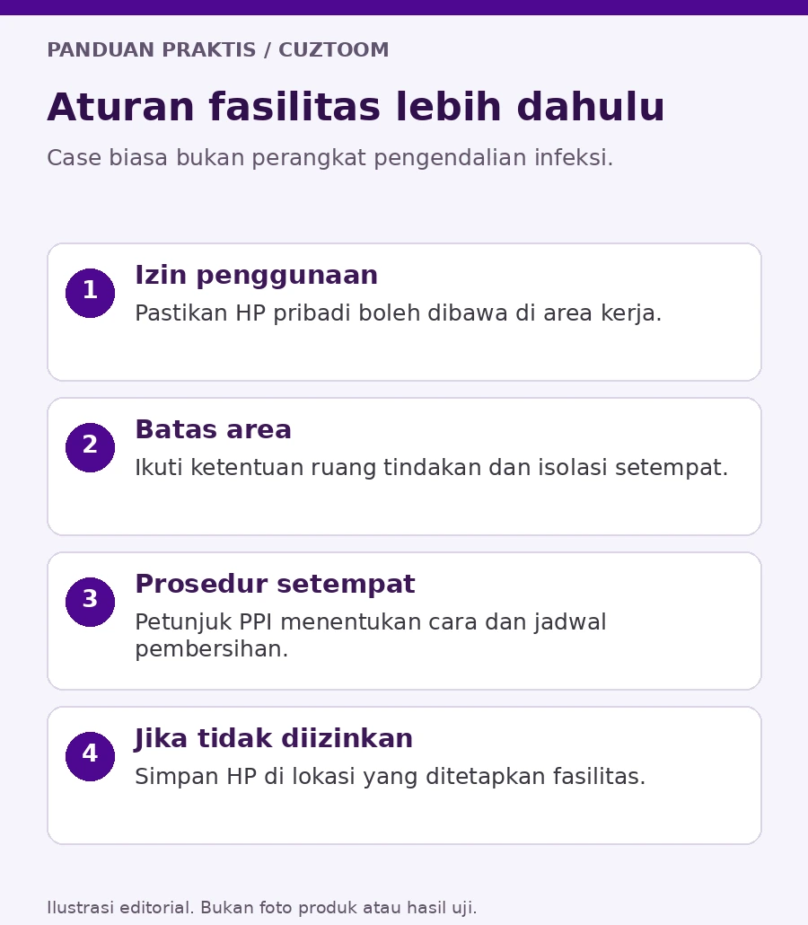 Ilustrasi aturan fasilitas lebih dahulu: izin, batas area, arahan PPI, dan tindakan jika HP tidak diizinkan