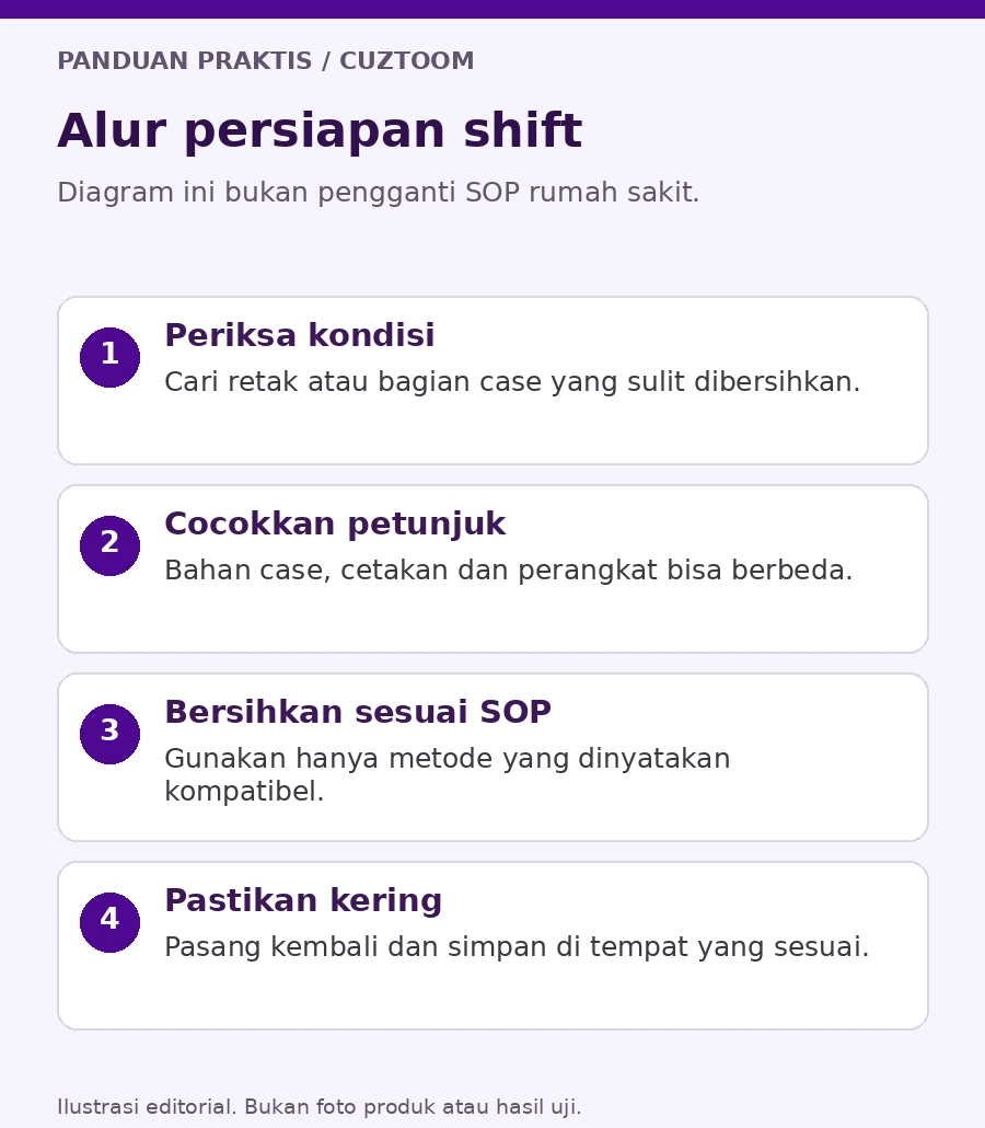 Ilustrasi alur persiapan shift: periksa kondisi, baca instruksi produsen, bersihkan sesuai SOP, dan pastikan kering