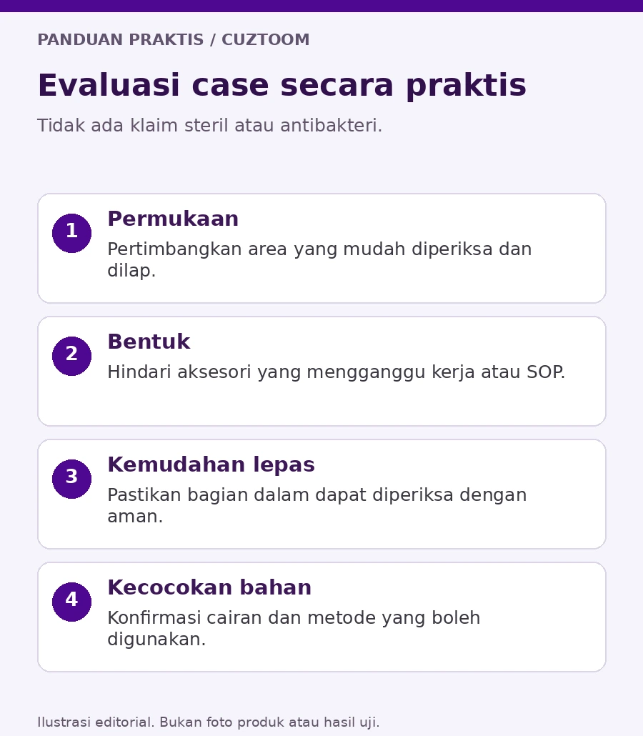 Ilustrasi evaluasi casing secara praktis melalui permukaan, bentuk, kemudahan melepas, dan kompatibilitas material