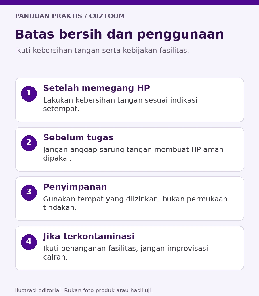 Ilustrasi batas kebersihan dan penggunaan: kebersihan tangan, sarung tangan bukan izin, penyimpanan, dan SOP kontaminasi