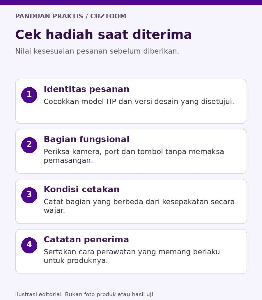 Ilustrasi pemeriksaan model pesanan, ejaan desain, bukti transaksi, dan kartu hadiah sebelum dibungkus