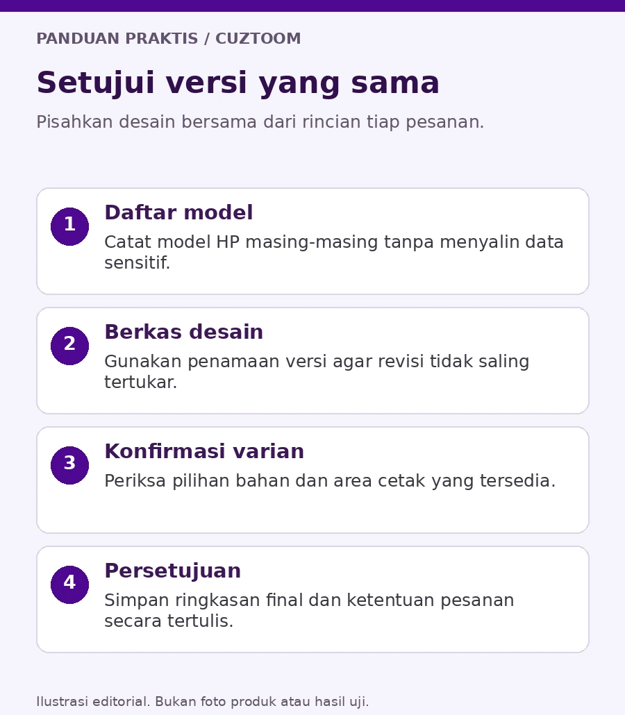 Ilustrasi pemeriksaan model HP, versi file, dan persetujuan akhir desain case Lebaran