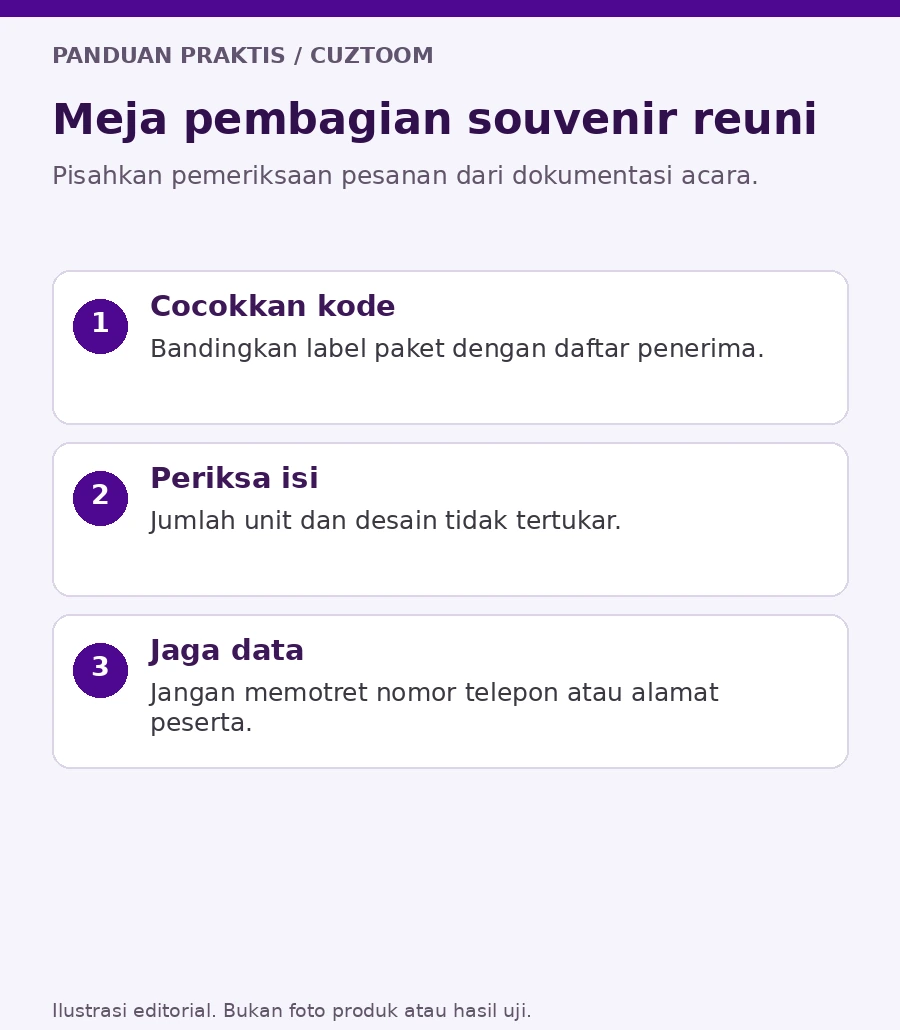 Meja pembagian souvenir reuni. Ilustrasi panduan Cuztoom.