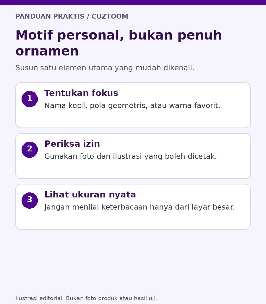 Motif personal, bukan penuh ornamen. Ilustrasi panduan Cuztoom.
