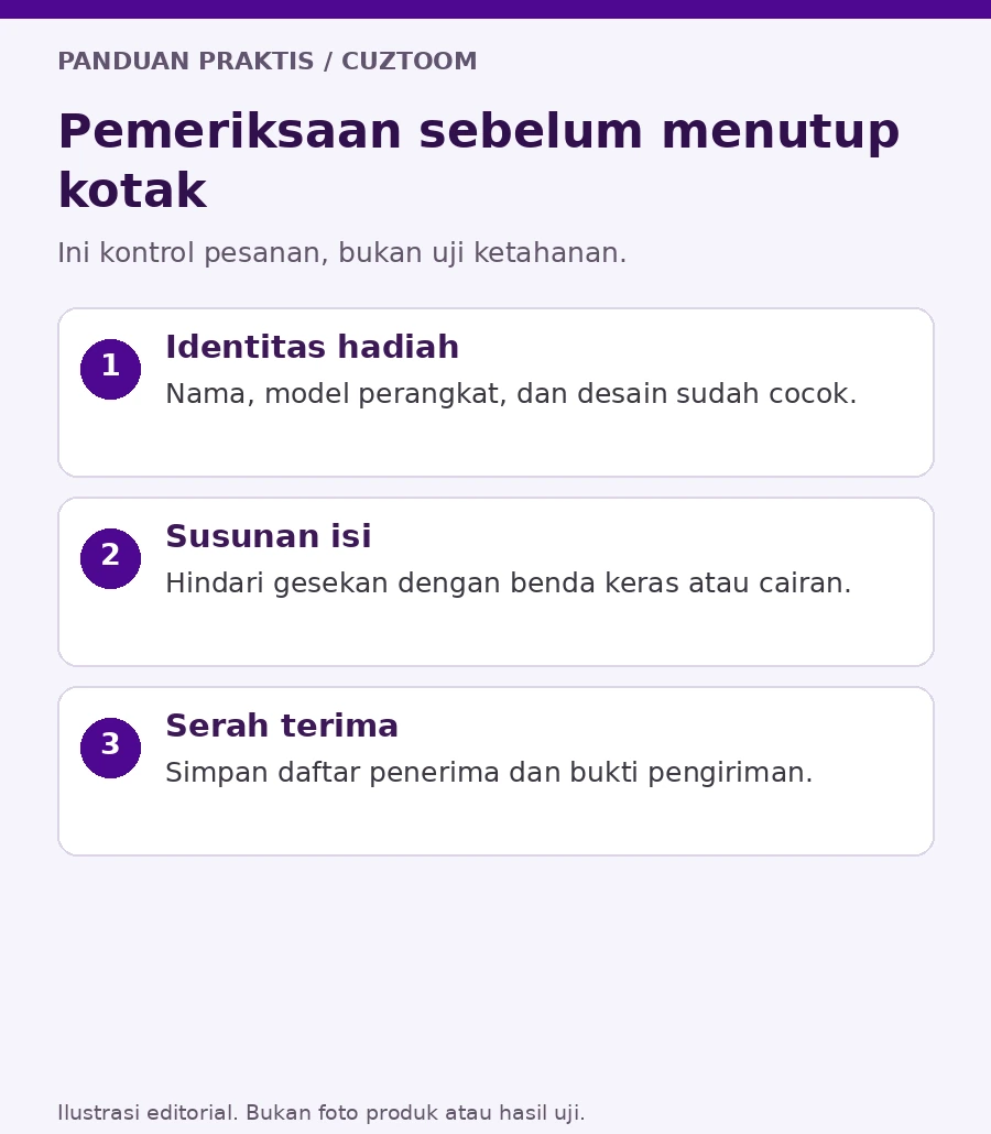 Pemeriksaan sebelum menutup kotak. Ilustrasi panduan Cuztoom.