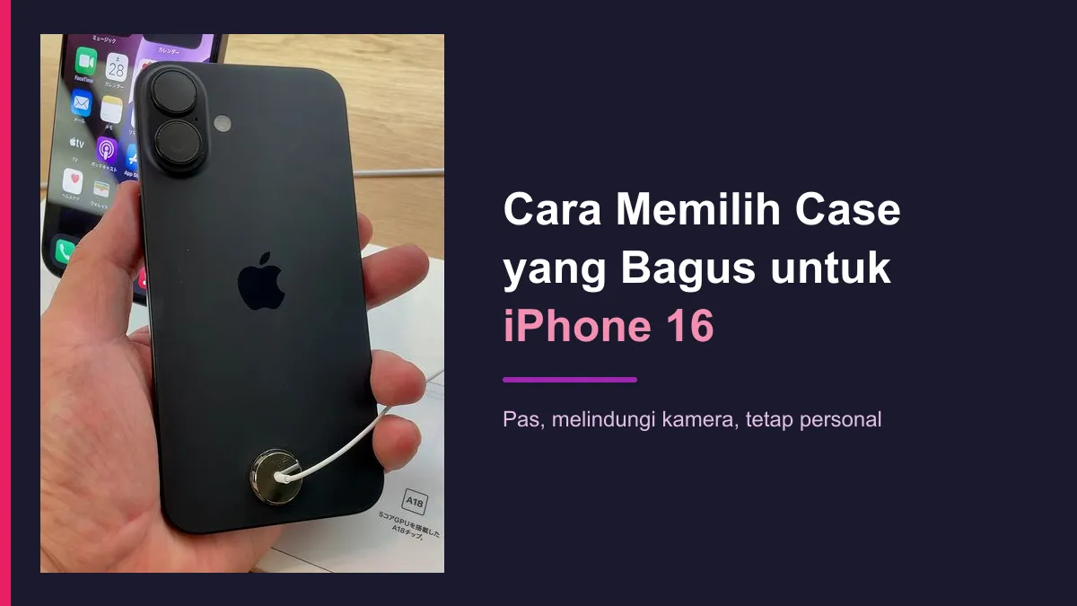 Bagian belakang iPhone 16 hitam dengan dua kamera, dipegang di tangan