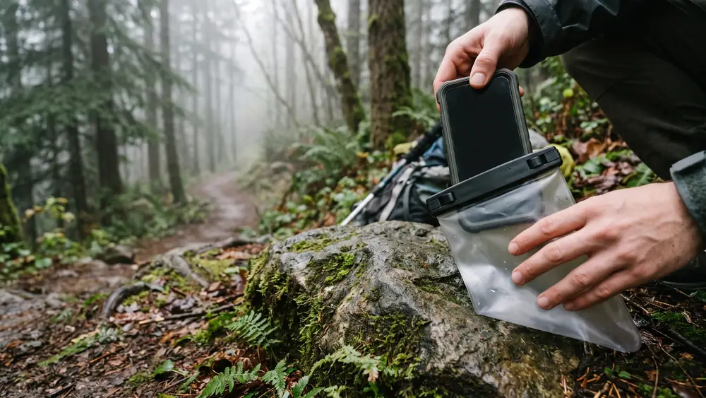 Ilustrasi ponsel bercase yang dimasukkan ke pouch kedap air di atas batu berlumut di jalur pendakian