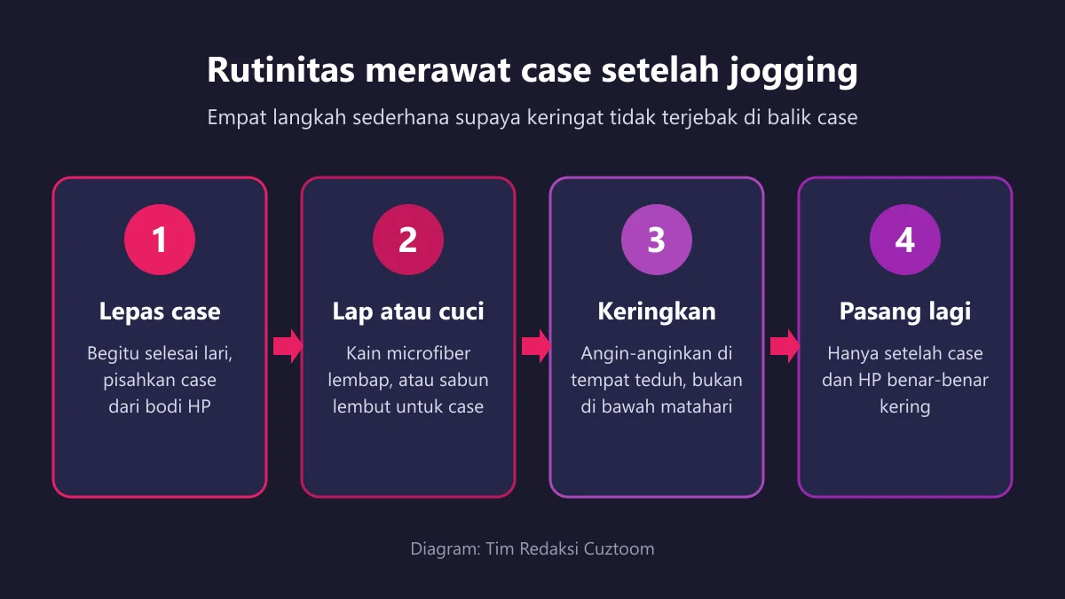 Diagram empat langkah merawat case HP setelah jogging: lepas case, lap atau cuci, keringkan di tempat teduh, pasang lagi