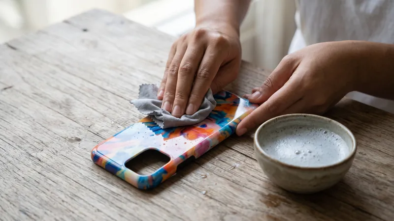 Ilustrasi tangan membersihkan hardcase bermotif dengan kain microfiber dan air sabun