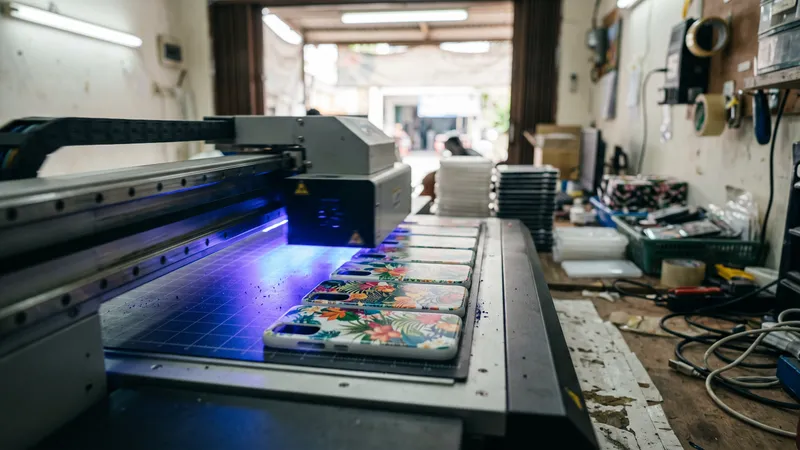 Ilustrasi mesin UV printing mencetak motif bunga pada deretan hardcase kosong di workshop