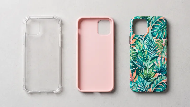 Ilustrasi tiga jenis casing HP berdampingan: case bening dengan sudut tebal, softcase polos, dan hardcase bermotif
