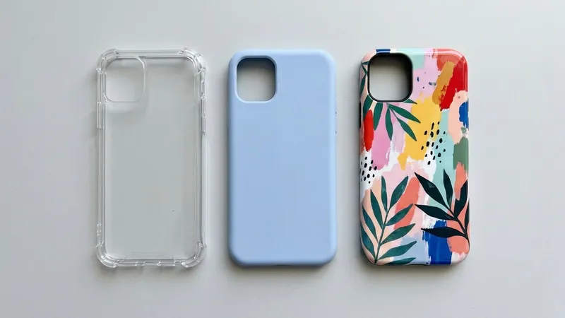 Ilustrasi tiga jenis casing HP berdampingan: case bening bersudut tebal, softcase polos, dan hardcase bermotif