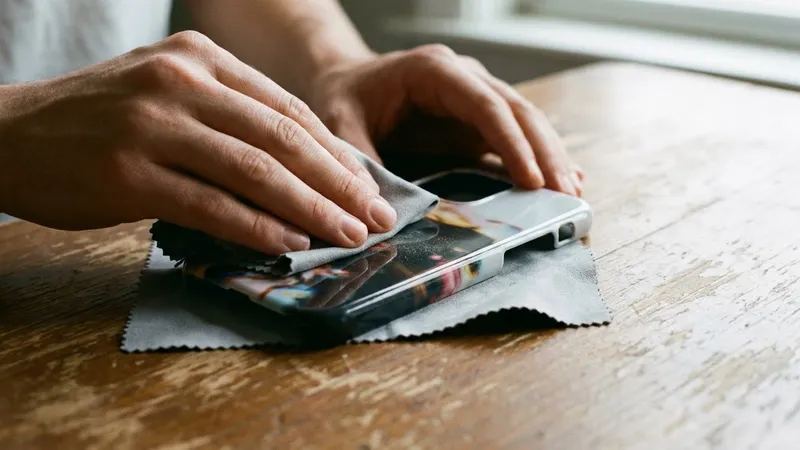 Ilustrasi tangan membersihkan hardcase bermotif yang dilepas dari HP dengan kain microfiber
