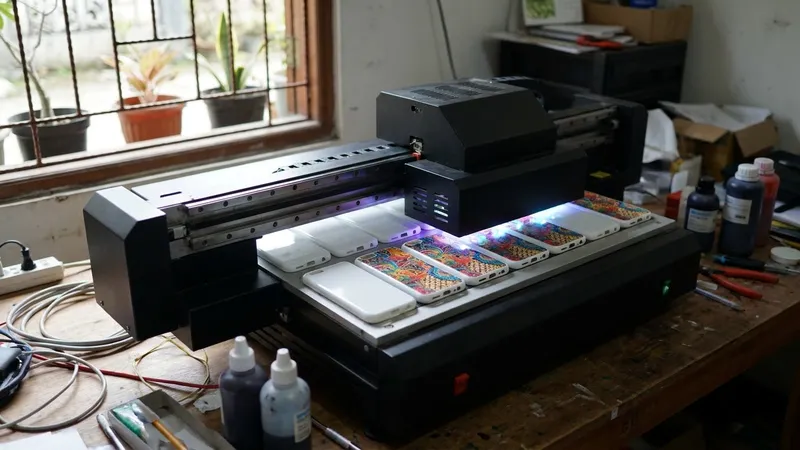 Ilustrasi mesin UV printing mencetak motif pada deretan hardcase kosong