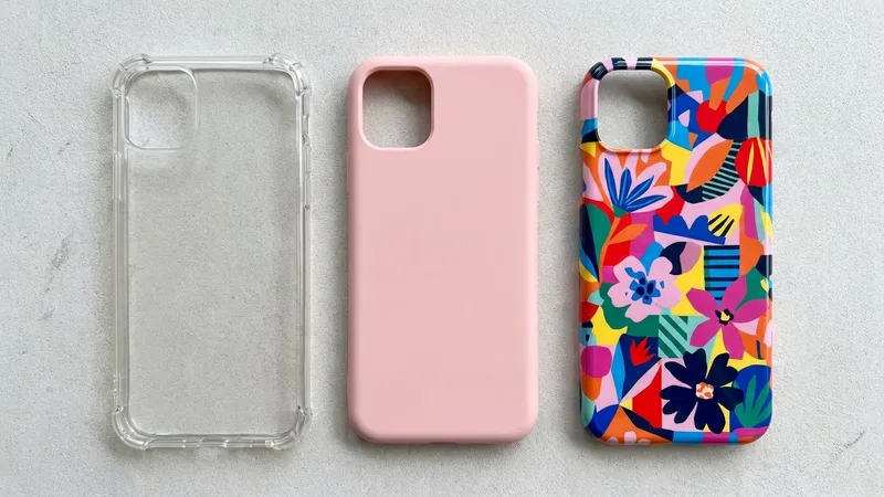 Ilustrasi tiga jenis casing HP berdampingan: case bening bersudut tebal, softcase polos, dan hardcase bermotif
