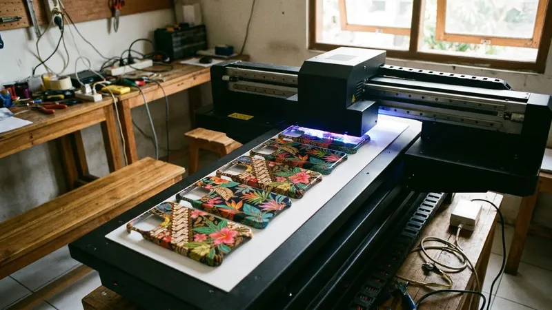 Ilustrasi mesin UV printing mencetak motif pada deretan hardcase kosong