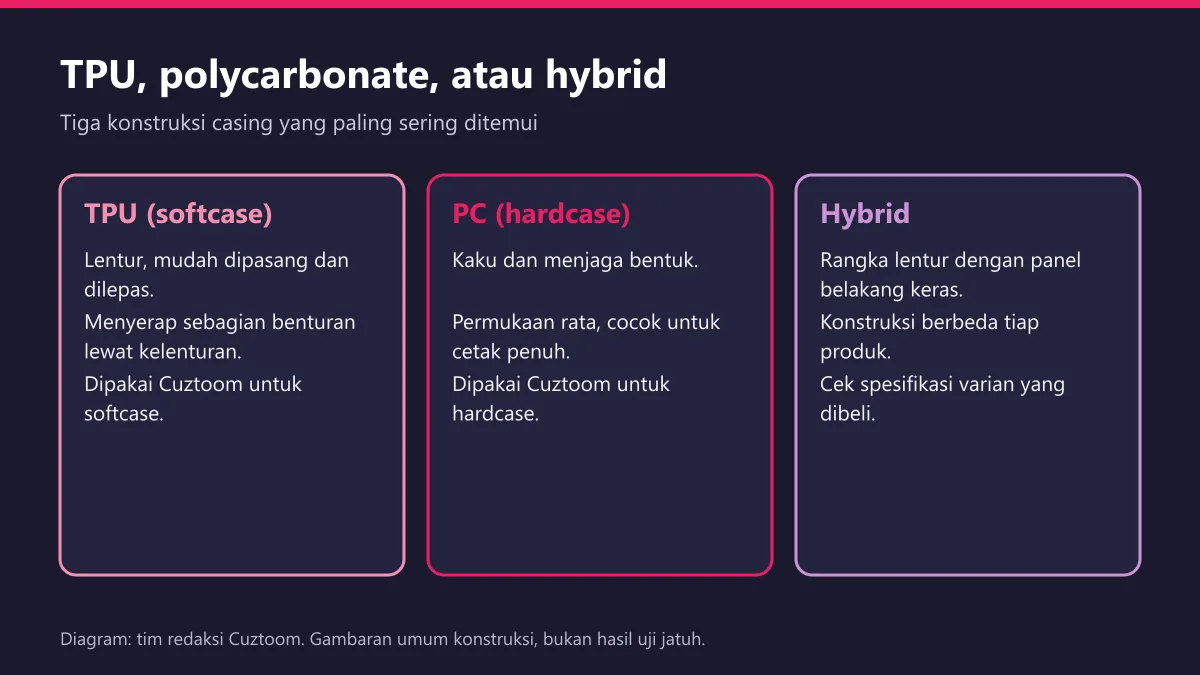 Diagram perbedaan casing TPU, polycarbonate, dan hybrid