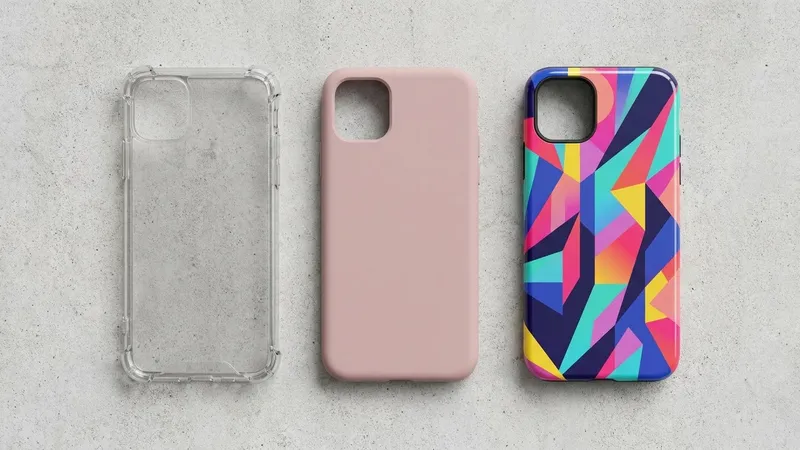 Ilustrasi tiga jenis casing HP berdampingan: case bening bersudut tebal, softcase polos, dan hardcase bermotif