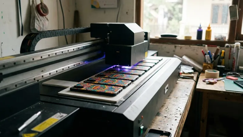 Ilustrasi mesin UV printing mencetak motif pada deretan hardcase kosong