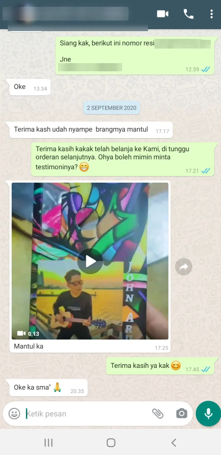 Testimoni pelanggan Cuztoom di WhatsApp: "Terima kash udah nyampe brangmya mantul"